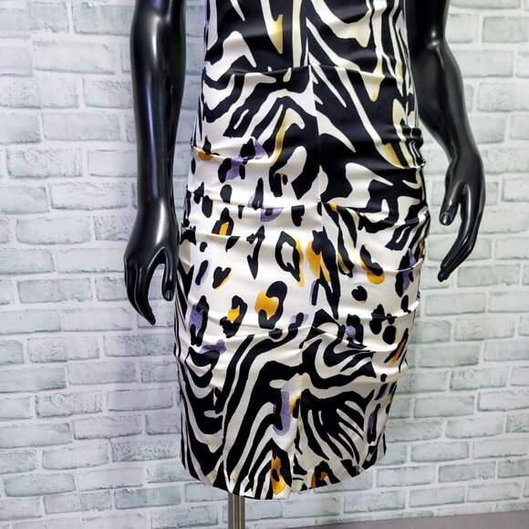 Cache Size 6 Silk Animal Print Ruched Cutout Back S/S Knee Length Dress Cocktail - Picture 3 of 12